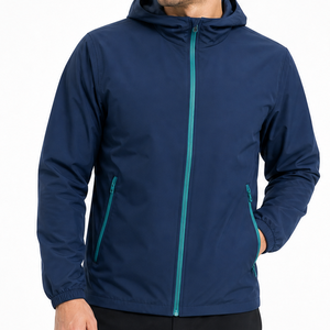 Blouson coupe-vent décontracté à capuche pour homme, bleu sarcelle vif, avec fermeture éclair, veste de sport et de course bleu marine - Product Image 2