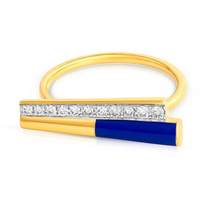 Bague en or avec diamant et design barre en émail bleu - Product Image 2