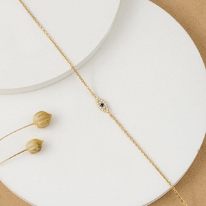 Pulsera de Diamantes de Oro Sólido de 14K con Dije de Ojo de la Suerte, Oro Blanco y Rosa, Zafiro Natural Solitario, Delicada - Product Image 3
