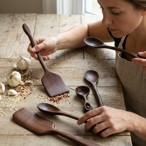 Juego de utensilios de cocina de madera de teca natural con soporte para cucharas - Cucharas de cocina con agarre cómodo y soporte para utensilios, colección hecha a mano - Product Image 1