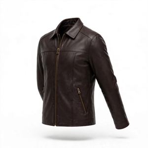 Veste de moto en cuir véritable marron foncé pour homme, col montant, fermeture éclair, coupe ajustée, en cuir souple de qualité supérieure, idéale pour l'hiver - Product Image 3