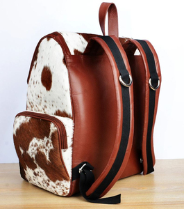 Sac à dos en cuir de vache marron et blanc à imprimé animal, 15 pouces, souple, plusieurs poches, sac à dos unisexe pour la journée - Product Image 2