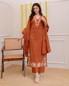 Pure Cotton Embroidered <b>Kurta</b> Set for Women Rust Orange <b>Kurta</b> with Pants & Dupatta Floral Neck & Hem Embroidery - Product Image 2