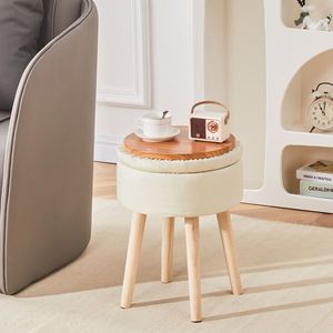 Poggiapiedi Imbottito Multifunzionale Moderno con Gambe in Legno, Sgabello da Toeletta in Lino con Vassoio e Vano Portaoggetti per Hotel, Materiale MDF - Product Image 6