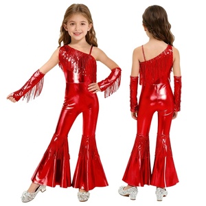 Costume de danse jazz disco pour filles de 6 à 16 ans, combinaison évasée à taille haute avec gants pour banquets, concours et spectacles - Product Image 4