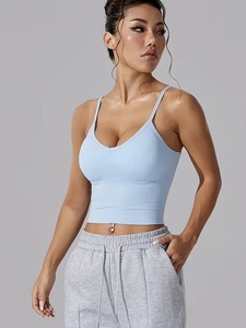 High-Elasticity Longline White Sports <b>Bra</b> | <b>Thin</b> <b>Strap</b> Open-Back Fitness Camisole | Seamless Knit Padded Activewear Crop Top - Product Image 3