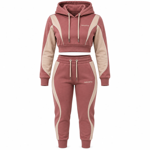Women's Casual Winter Wear Set Solid Pattern Crop <b>Top</b> Jogger Pants Hoodie Front Logo Streetwear 100% Cotton Fleece Breathable - Product Image 4