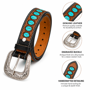 Cinturón de Cuero Occidental Premium para Hombre, con Incrustaciones de Piedras Turquesa y Hebilla Grabada, para Uso Casual - Product Image 4