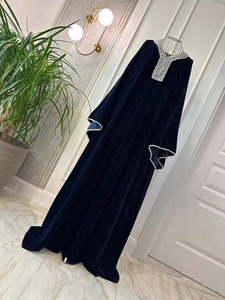 Vestidos Casuales de Terciopelo Azul Oscuro para Mujer, Transpirables, Elegantes, con Cuello Bordado, Estilo Farasha Abaya, Holgados, Talla Grande, Manga Larga - Product Image 6