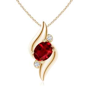 Pendentif en or massif 14 carats de style coquille, serti d'un rubis rouge naturel de taille ovale et de diamants, pierres précieuses et diamants certifiés IGI de haute qualité - Product Image 1