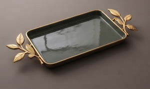 Plateau de service rectangulaire de luxe en émail vert avec poignées en forme de branche dorée, plat décoratif en métal pour table basse, salon, nourriture - Product Image 3