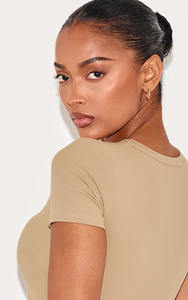 Women's <b>Khaki</b> Slim Fit Breathable Crop <b>Top</b> Short Sleeve Gym Workout Casual Wear Spandex/Polyester - Product Image 2