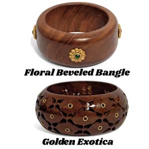 Bracelet manchette large et épais en bois de Sheesham fait main, orné de laiton et sculpté à motifs floraux, style vintage - Product Image 3