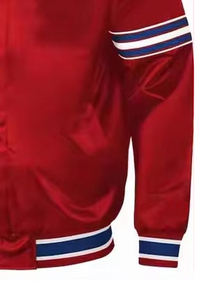 Chaqueta Deportiva Personalizada de Satén Rojo Transpirable 100% Poliéster con Logotipo Personalizado, Chaqueta Universitaria de Béisbol con Botones - Product Image 6