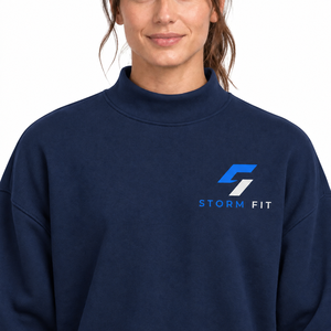 Custom <b>Women's</b> <b>Navy</b> Mock Neck 100% Cotton Full Sleeve Solid Knitted Breathable Eco-Friendly Windproof Winter Sweatshirt - Product Image 4