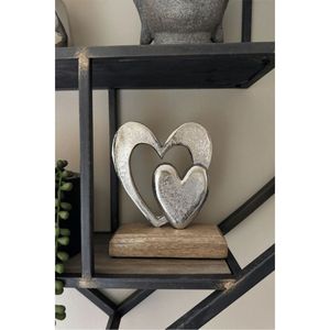 Sculpture de table en métal fait main avec deux cœurs et support en bois, figurine d'amour contemporaine pour la décoration intérieure du salon ou du bureau - Product Image 1