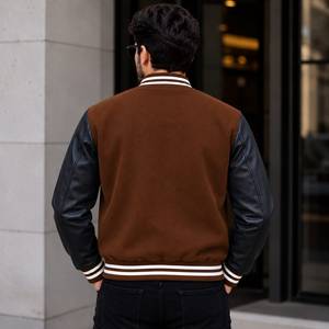 Veste varsity style vintage avec patchs brodés personnalisés, en laine marron et cuir noir, pour hommes - Product Image 5