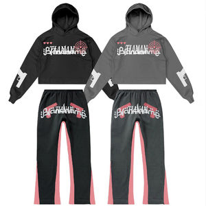 Ensemble de survêtement streetwear d'hiver pour homme, coupe ample, style vintage, 100 % coton, séchage rapide, avec logo personnalisé et pantalon évasé - Product Image 6