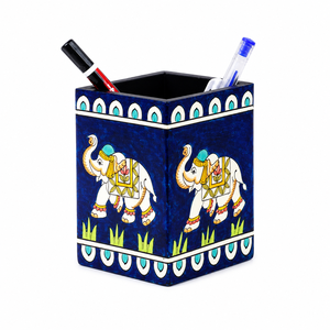Hand Painted Wooden Rectangle Pen Stand | <b>Elephant</b> Design Desk Organizer | Handmade Back School Office Home Desktop Pencil - Product Image 2