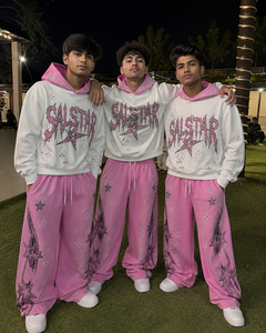 Ensemble survêtement Salstar pour homme : sweat à capuche blanc et pantalon de jogging rose, imprimé pailleté, style streetwear, coupe ample, longueur intégrale, tenue décontractée d'automne - Product Image 5