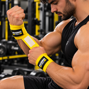 สายรัดข้อมือปรับระดับได้ Rhino Fitness สีเหลือง แบบตีนตุ๊กแก ผ้าฝ้าย สำหรับยกน้ำหนัก ใช้ได้กับมือซ้าย เหมาะสำหรับใช้ในยิม - Product Image 4
