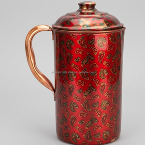 Red Paisley Printed Pure Copper Water <b>Jug</b> – Ayurvedic <b>Drinking</b> Pitcher with Copper Handle & Matching Lid – Direct B2B Supply - Product Image 1