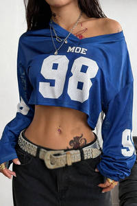 Camiseta deportiva de fútbol americano para mujer, manga larga, estilo crop top, con número, malla, estilo Y2K, años 90, cuello en V, gráfico, streetwear. - Product Image 4