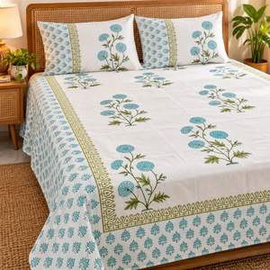 Juego de sábanas de algodón color verde azulado floral con estampado decorativo, colección de ropa de cama de tela suave para dormitorio, hogar, hotel, habitación de huéspedes - Product Image 1