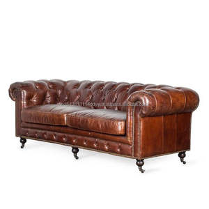 High Quality <b>Chesterfield</b> <b>Vintage</b> Italian Top Grain Genuine Leather <b>Sofa</b> Set Living Room Brown Leather <b>Sofas</b> - Product Image 2
