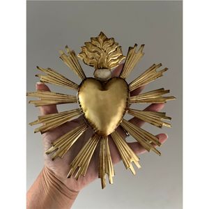 Ex Voto Sacred Heart Metal <b>Wall</b> Art <b>Hanging</b> Flaming Heart Blessed Catholic Decor Vintage Gold Finish Religious Interior <b>Wall</b> - Product Image 6
