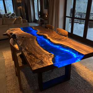 Mesa de Comedor Rectangular Azul de Resina Epoxi y Madera de Acacia con Borde Natural para Diwali - Duradera y Ecológica - Product Image 2