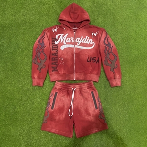 Custom <b>Flame</b> Print Acid Wash Men Zip Up Hoodie Shorts Set Heavyweight French Terry Distressed Vintage Tracksuit Gym Jogger Suit - Product Image 3