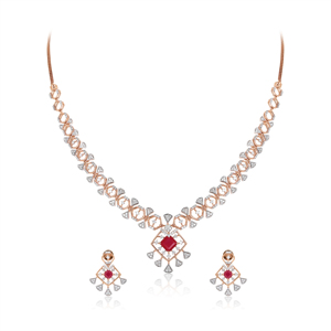 Rose Gold Plated <b>Ruby</b> <b>Necklace</b> and Earring Set with Princess Cut Diamonds Geometric Design Luxury Jewelry for Women Wedding - Product Image 1