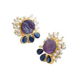 Aros de Latón al por Mayor, Pendientes de Botón Naturales con Piedras Semipreciosas Naturales, Acabado de Latón Antiguo, Estilo Moderno, Alta Calidad - Product Image 3