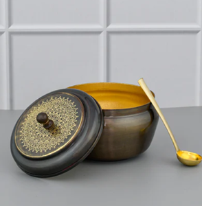 Elegant dark brass ghee <b>pot</b> with embossed details, separate <b>lid</b>, and a long golden spoon!!! available at wholesale price - Product Image 2