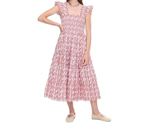 Vestido Midi A-Line Signature con Hombros con Volantes, Elástico Fruncido, Falda Escalonada y Bolsillos con Nuestro Estampado ODM para Exteriores - Product Image 1