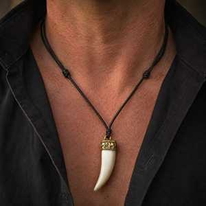 Faux Ivory Tusk Pendant Necklace for Men and Boys Antique Gold Crown with Adjustable Black Cotton Cord - Product Image 1