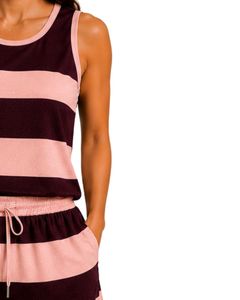 Conjunto de pijama de satén para mujer con rayas en color ciruela oscuro y rosa rubor, camiseta sin mangas con pantalones cortos de cintura elástica, conjunto de ropa de dormir de lujo - Product Image 3