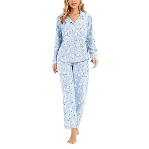 Women's Sleepwear Set for Summer Glossy Satin Comfortable Long Sleeve Cardigan Turn-<b>Down</b> Collar Animal Print Front <b>Pants</b> Bamboo - Product Image 2