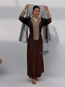 Awais House Women's Brown Embroidered Floor-Length Modest A-Line Silhouette Dress Beading V-Neck Long Sleeve Evening Natural - Product Image 6