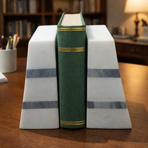 Modern White Marble Bookends With Gray Accent Stripes Decorative Heavy Duty <b>Book</b> Holder Set For Home Office <b>Library</b> And Shelves - Product Image 2