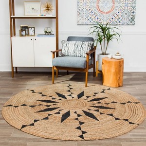 Tapis rond en jute à motif géométrique, style bohème, fait main, antidérapant, pour décoration de salon, à poils plats, noir naturel - Product Image 6