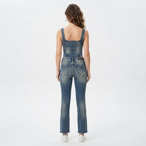 Women Blue Denim Crop <b>Top</b> And Flare Jeans Set Sleeveless Two Piece Casual Streetwear Matching Outfit Vintage Fashion - Product Image 2
