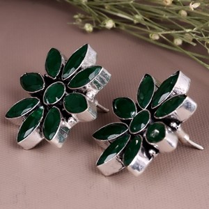 ARTS JEWELS Brass Antique <b>Silver</b> Plated Oxidized Onyx Green Flower Bezel Set Vintage Boho Engagement <b>Stud</b> Earrings-Women's - Product Image 4