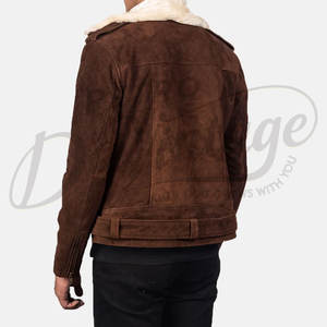 Blouson de motard en cuir suédé marron pour homme, col en fourrure chaud pour l'hiver, coupe ajustée, veste de moto décontractée et tendance - Product Image 2