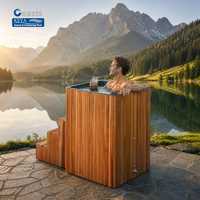 Alpenglow Lakeside Villa Retreat Baignoire de trempage carrée en cèdre rouge et acier inoxydable avec refroidisseur intelligent WiFi 1HP, prêt DDP