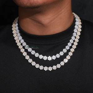 Men's S925 Filled Moissanite Flower Necklace Round Brilliant Cut Prong Setting Hiphop Statement Bead <b>Chain</b> Everyday Wear - Product Image 1