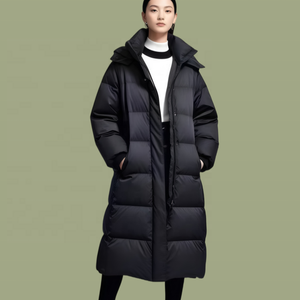 Long Quilted <b>Winter</b> Jacket With Hood Full Sleeves Zipper Closure Solid Color Polyester Shell <b>Thick</b> Warm <b>Coat</b> - Product Image 1