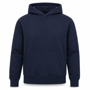 Sweat à capuche sans cordon bleu marine épais pour homme, 100 % coton molletonné, poche kangourou, respirant, hiver, uni, vente en gros - Product Image 1