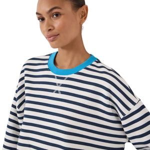 Custom <b>Womens</b> Navy <b>White</b> Striped <b>Sweatshirt</b> Turquoise Crew Neck Cuffs Hem Long Sleeve Boxy Fit Wholesale Casual Pullover Apparel - Product Image 5